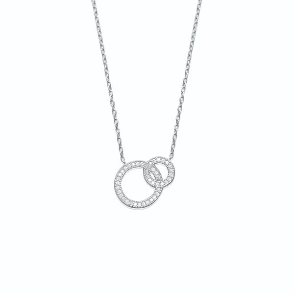 Collier deux anneaux entrelacés dont un pavé de zircons en argent 925, vue de face