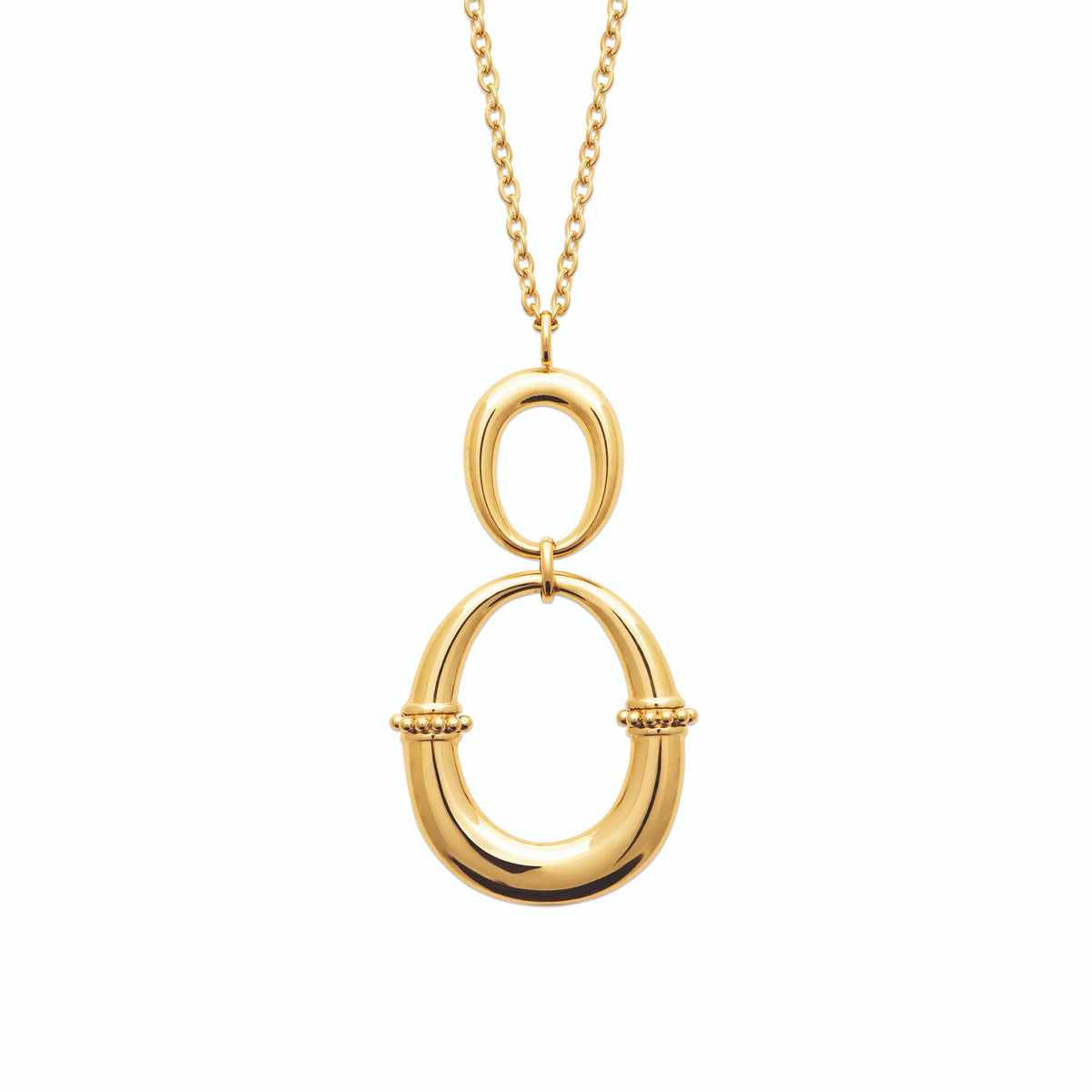 Collier deux anneaux ovales cerclés de perles en acier doré