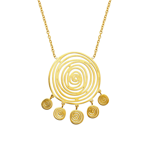Collier grand disque ajouré à spirales et frange de pastilles en acier doré
