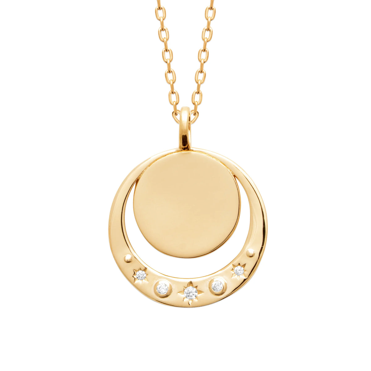 Collier disque et croissant de lune aux zircons étoilés en plaqué or