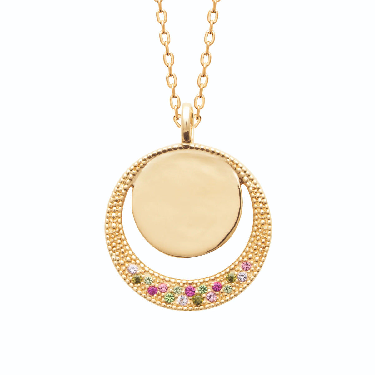 Collier disque et lune perlée aux pierres roses et vert anis en plaqué or