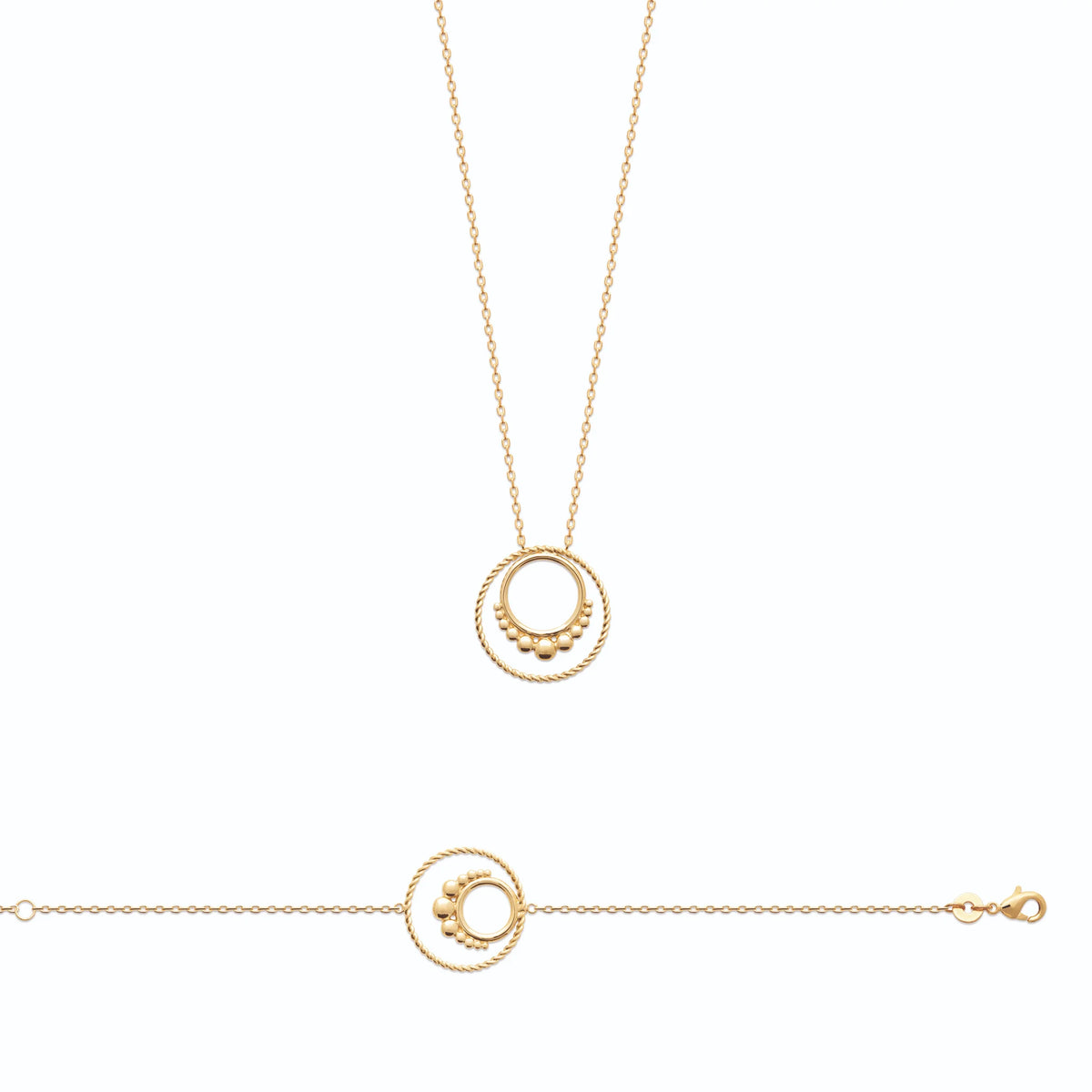 Collier double cercle torsadé et frise perlée en plaqué or