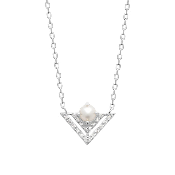 Collier double chevron de zircons et perle de culture en argent 925
