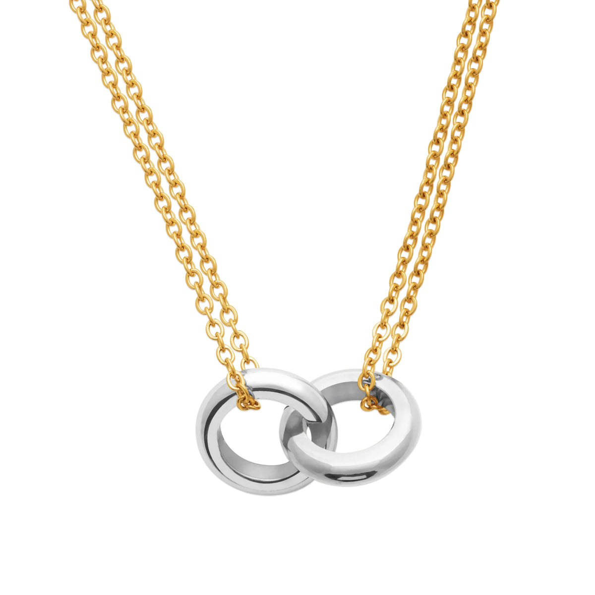 Collier double chaîne forçat et anneaux entrelacés en acier doré et argenté