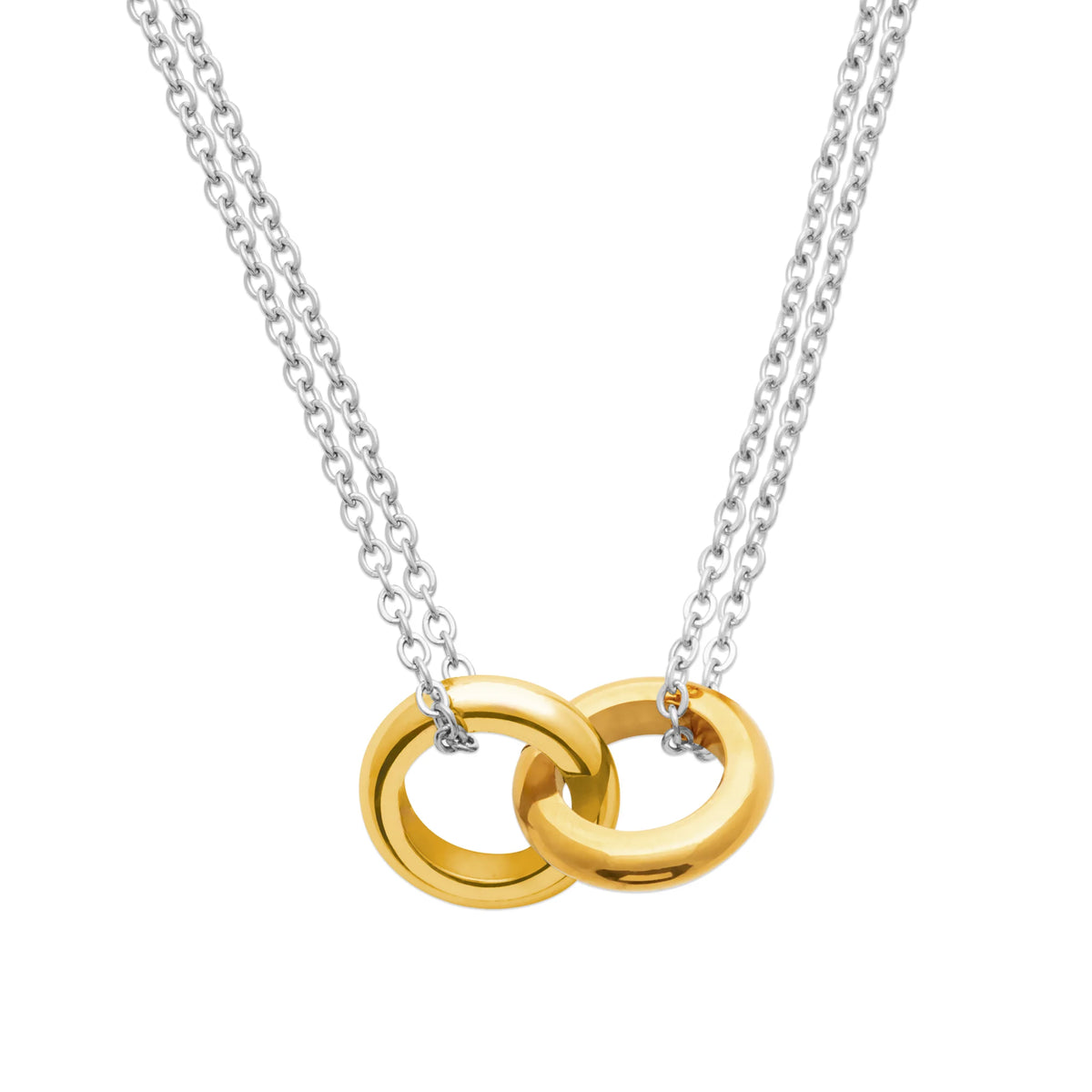Collier double chaîne forçat et anneaux entrelacés en acier argenté et doré