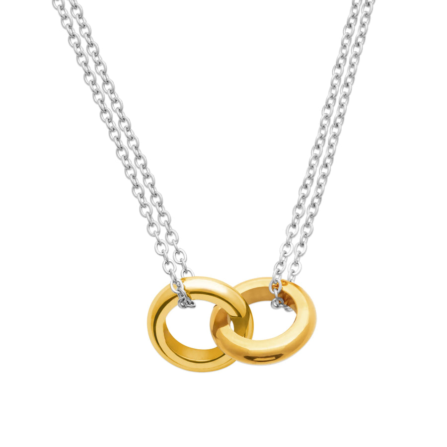 Collier double chaîne forçat et anneaux entrelacés en acier argenté et doré, porté
