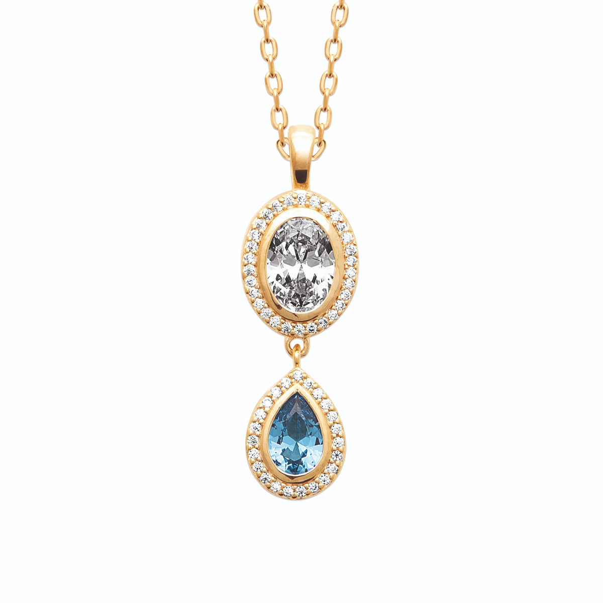 Collier double pendant zircon et goutte bleu ciel en plaqué or