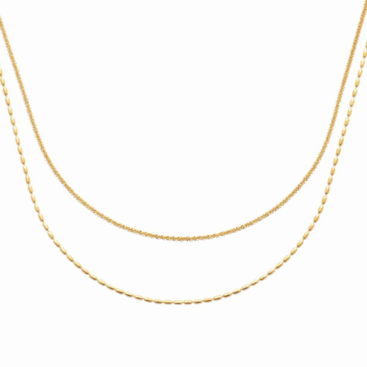 Collier double rang chaîne fine et mailles grain de riz en acier doré