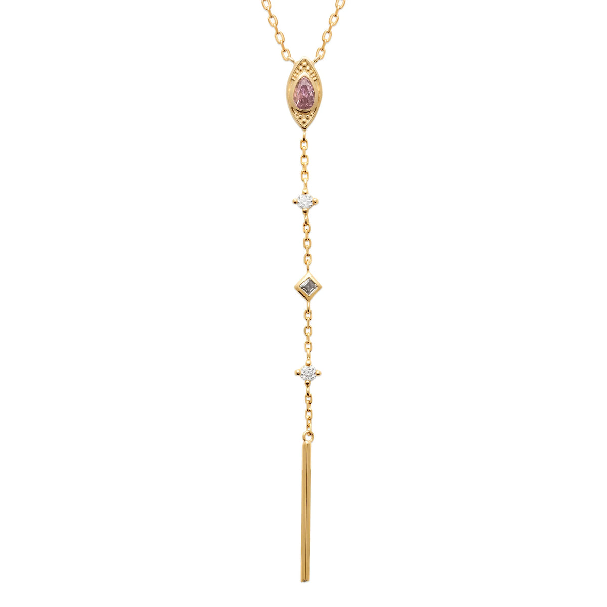 Collier en Y pierre navette rose et barrette en plaqué or