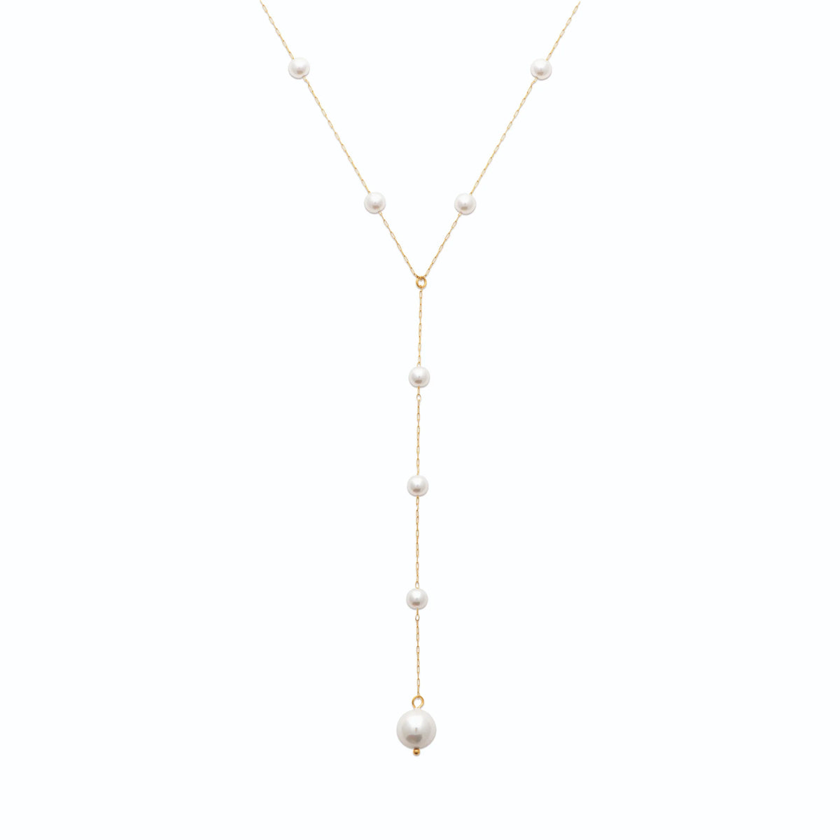 Collier en Y à perles d’imitation blanches en acier doré