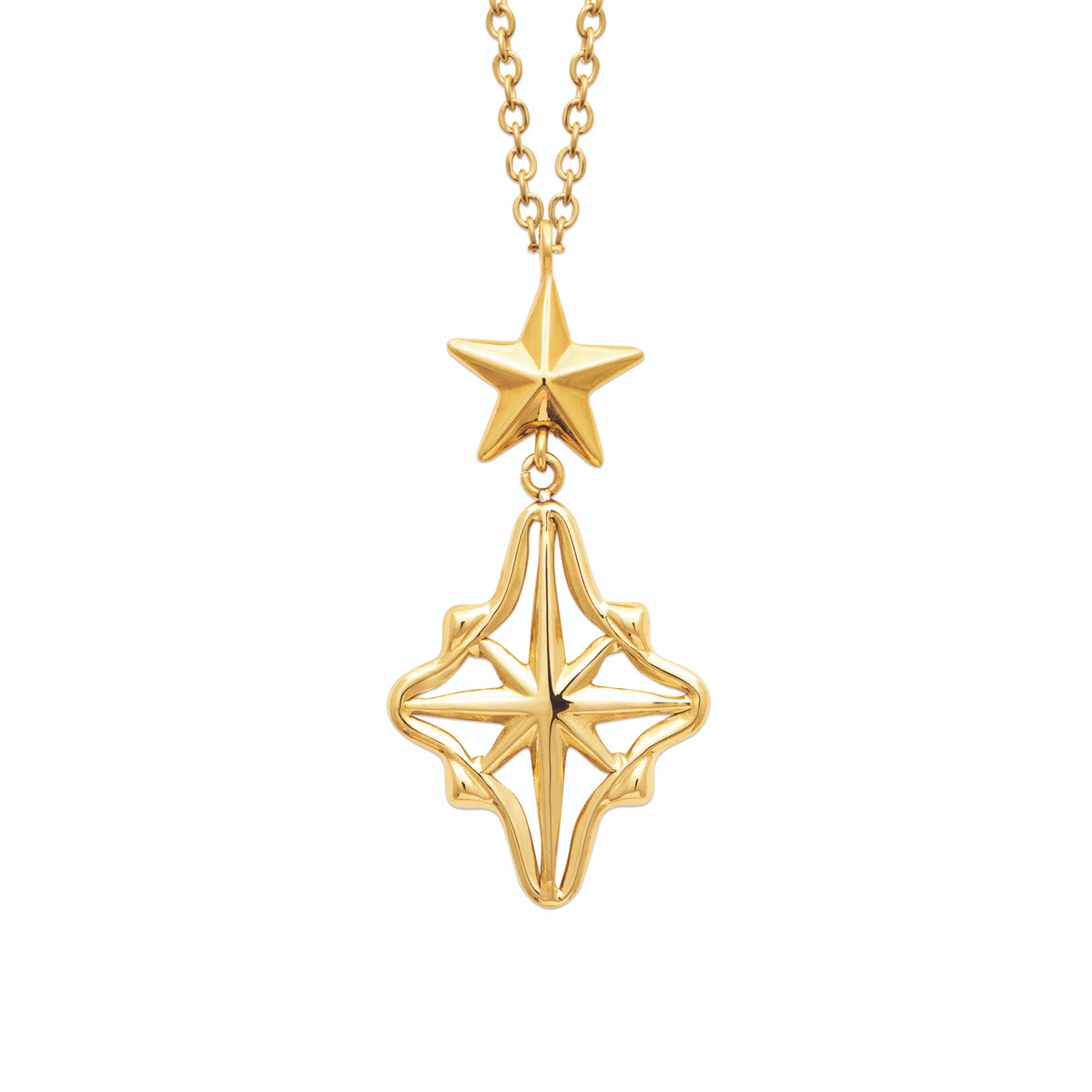 Collier étoile et rose des vents ajourée en acier doré
