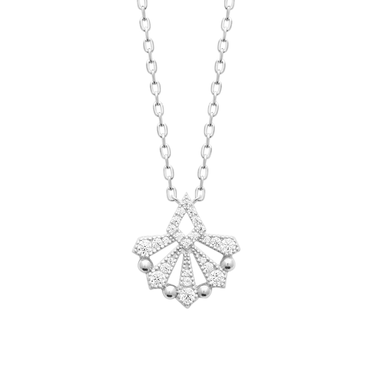 Collier en argent 925, pendentif éventail ajouré aux rayons pavés de zircons et billes