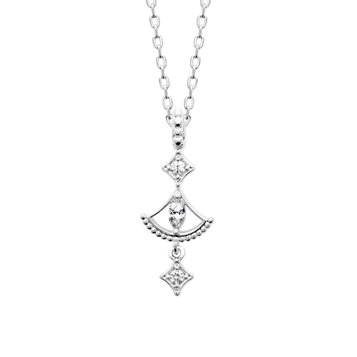 Collier pendentif éventail ajouré et zircons losange en argent 925