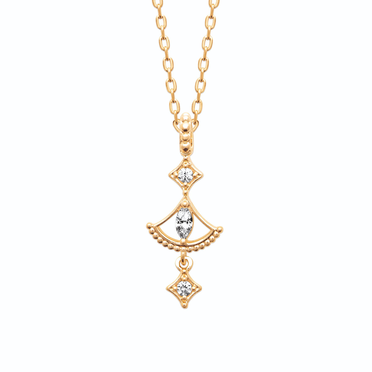 Collier pendentif éventail ajouré et zircons losange en plaqué or
