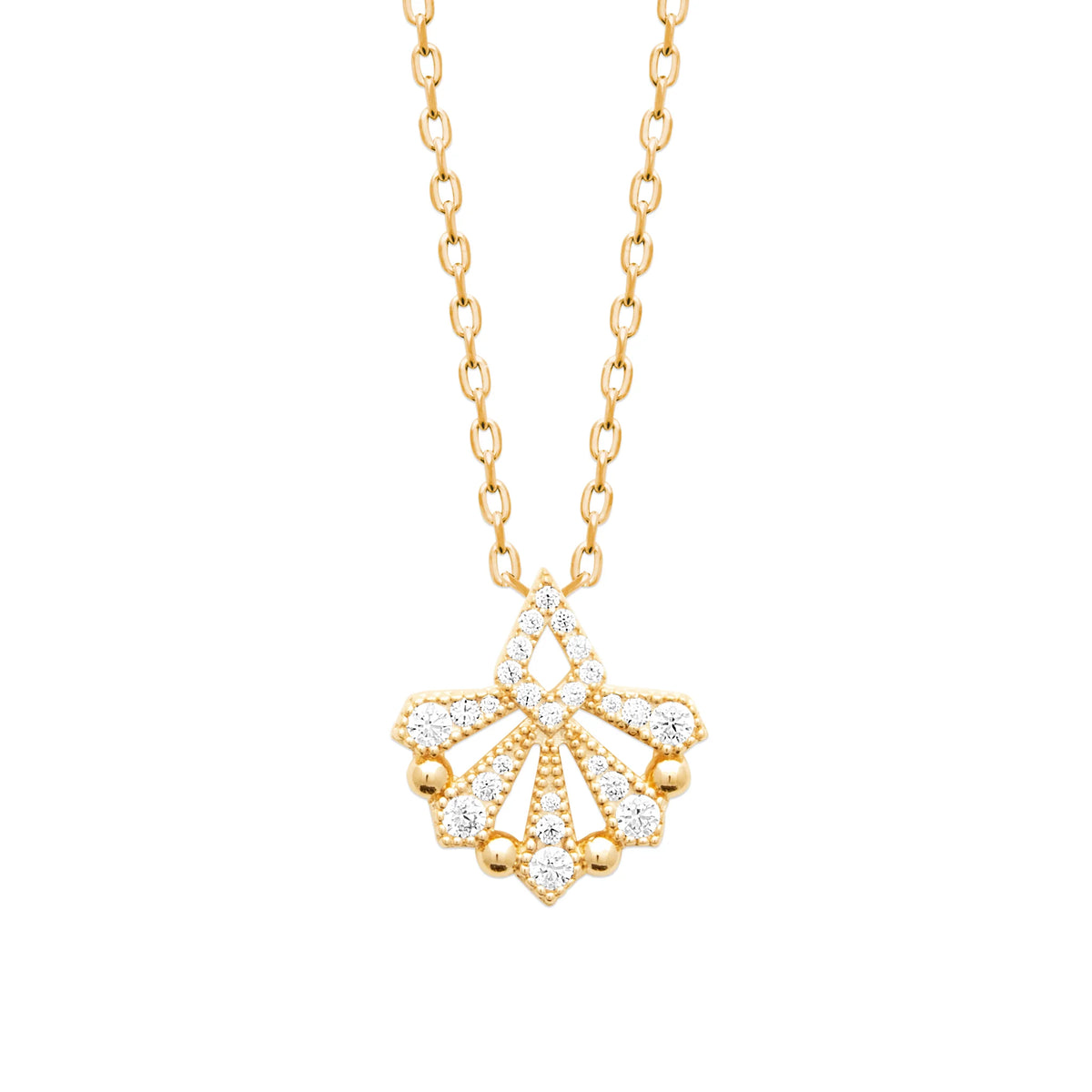 Collier éventail ajouré pavé de zircons en plaqué or