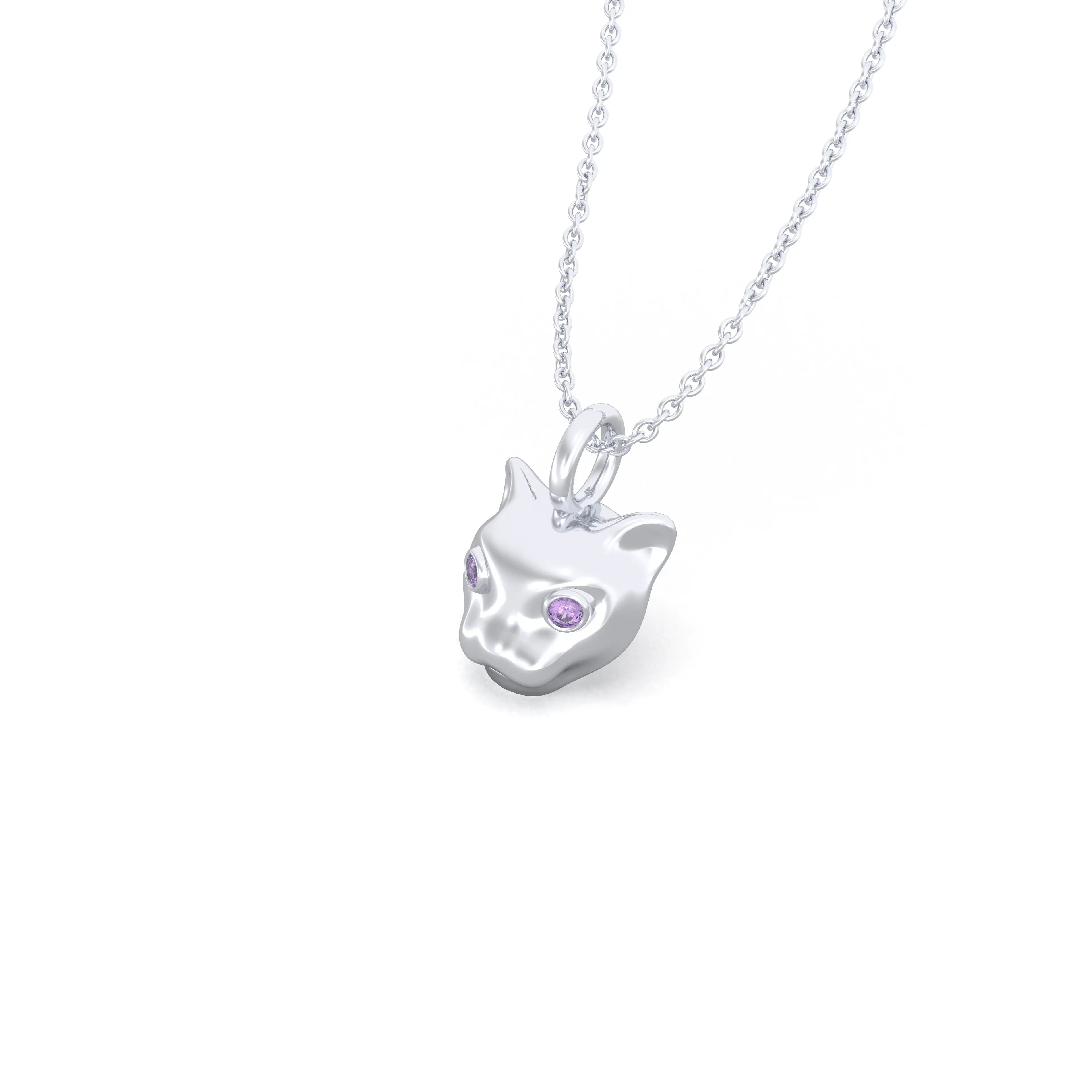 Collier “Féline” en Or Blanc 18k et Pierres Précieuses Saphir violet Pendentif avec chaîne