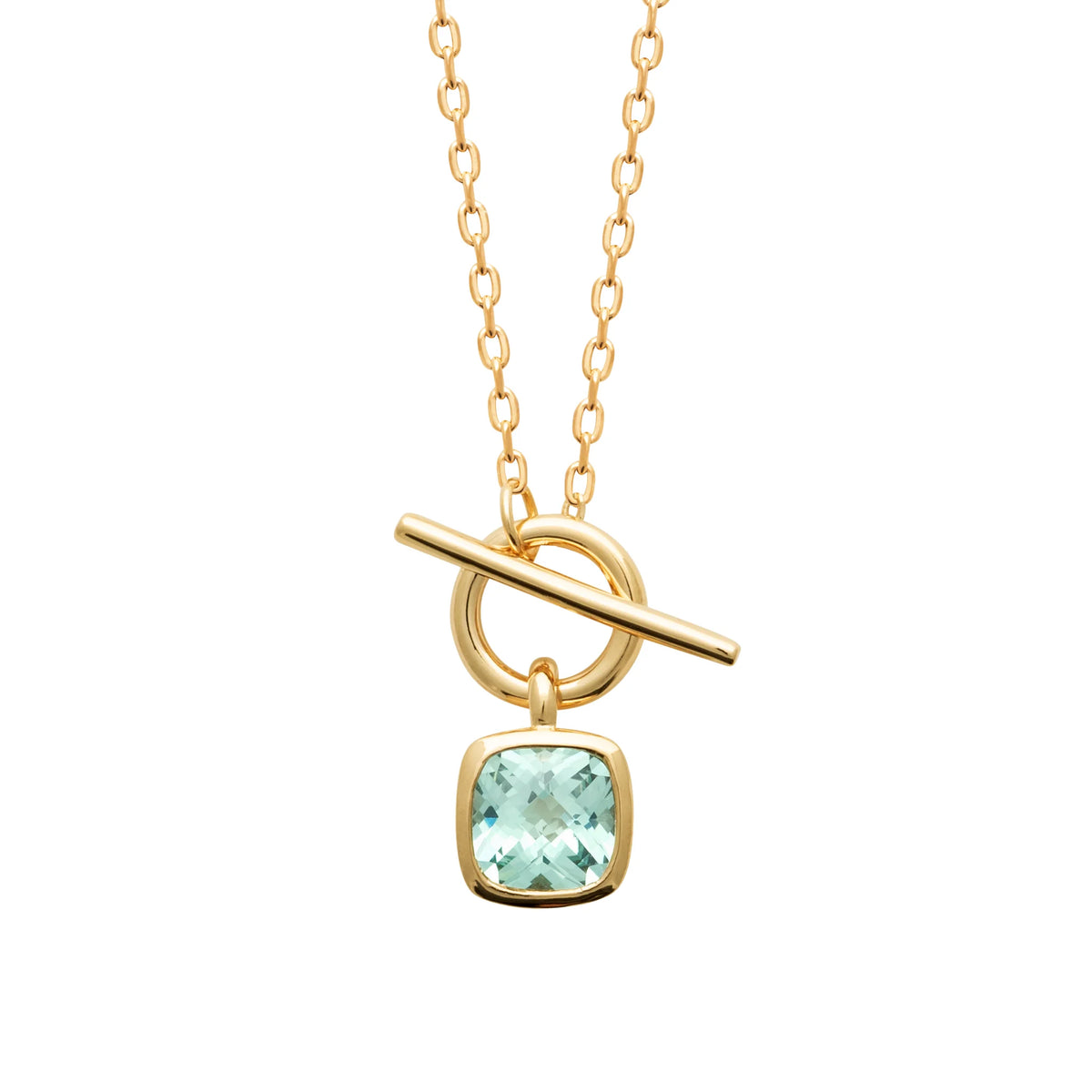 Collier fermoir en T et pierre carrée bleu lagon en plaqué or