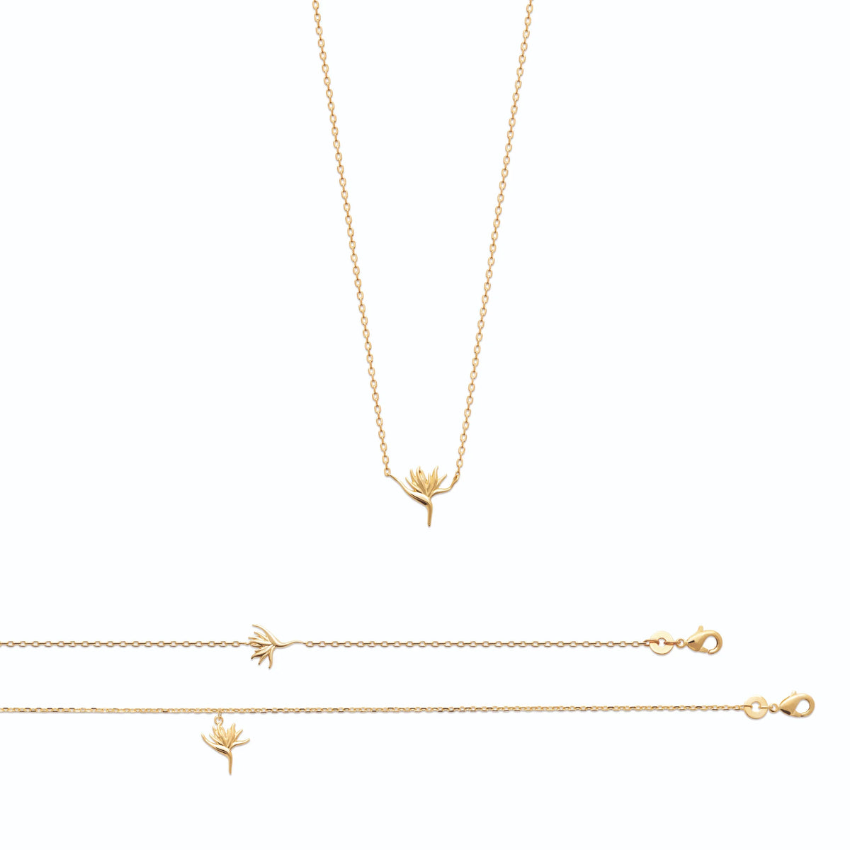 Collier fleur d’oiseau de paradis stylisée en plaqué or