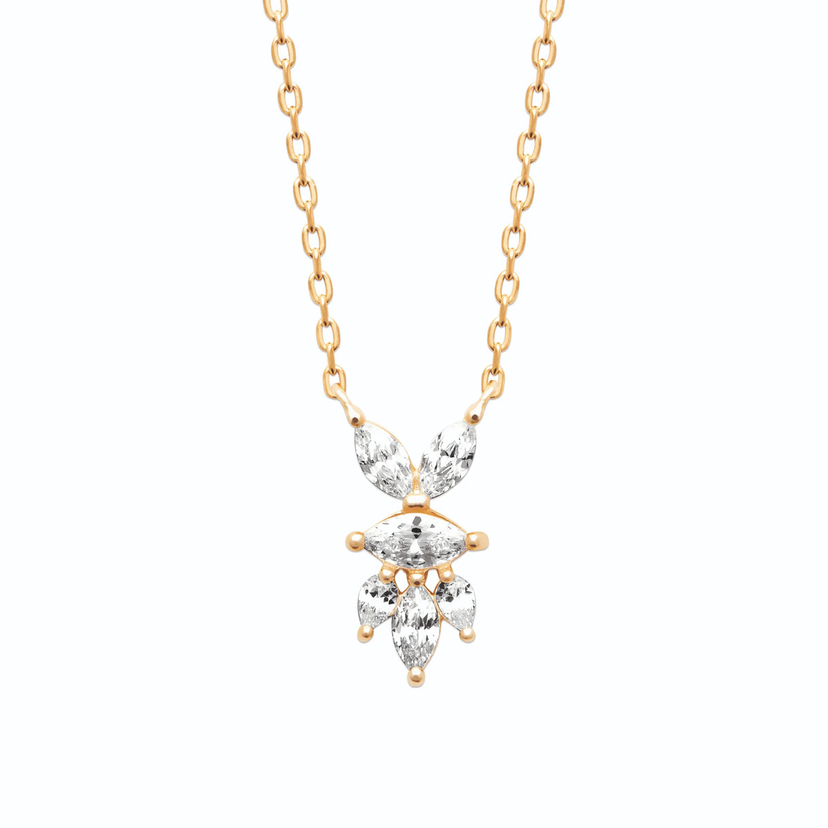 Collier fleur stylisée de zircons navette en plaqué or