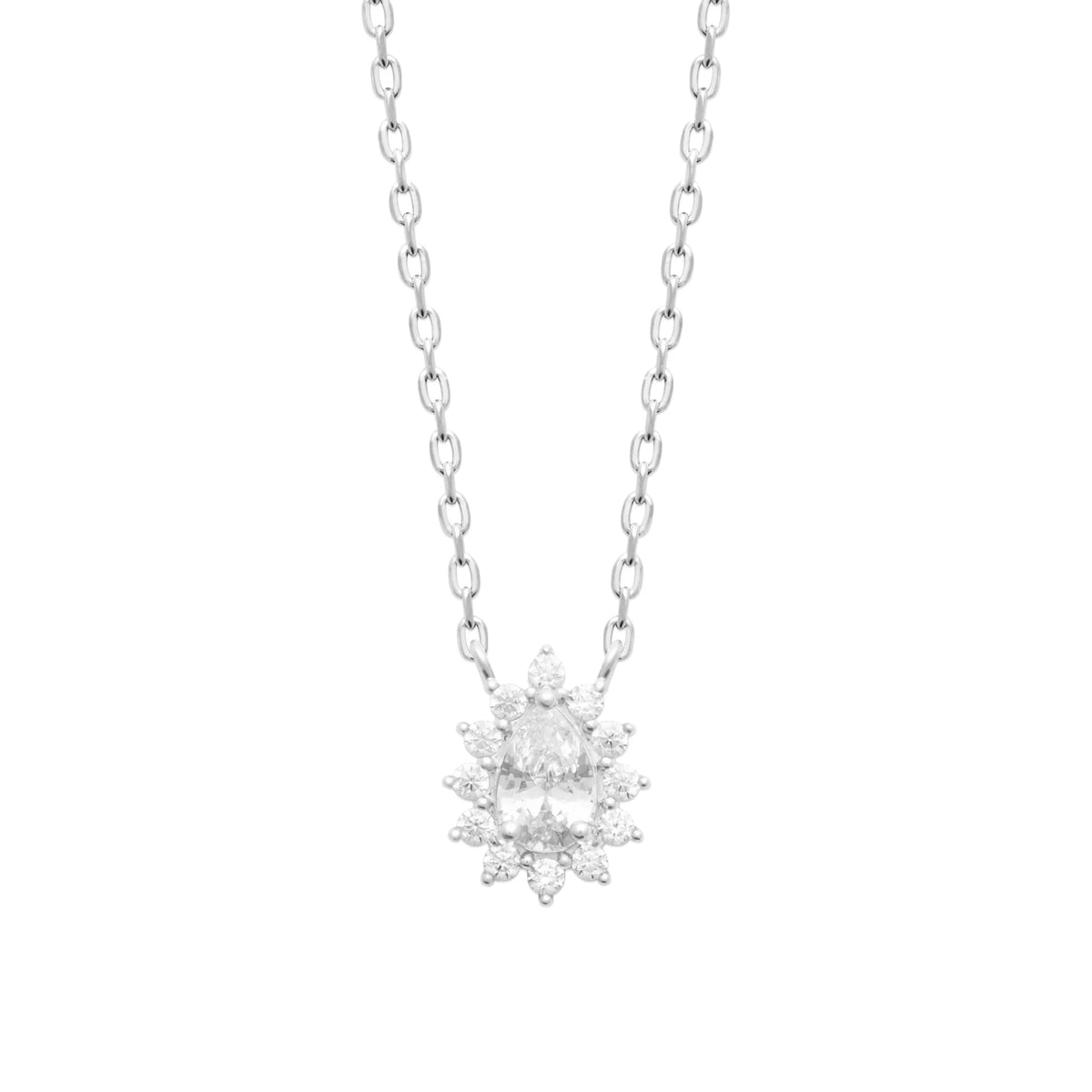 Collier fleur de zircons navette et zircon ovale en argent 925