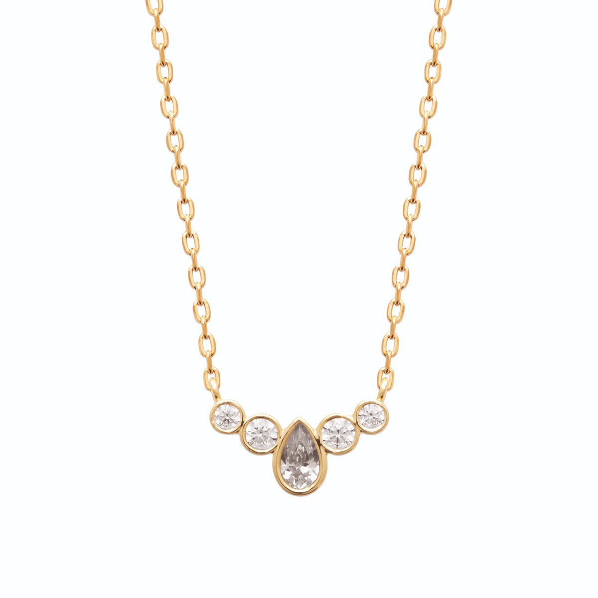 Collier frise incurvée de zircons et goutte centrale en plaqué or