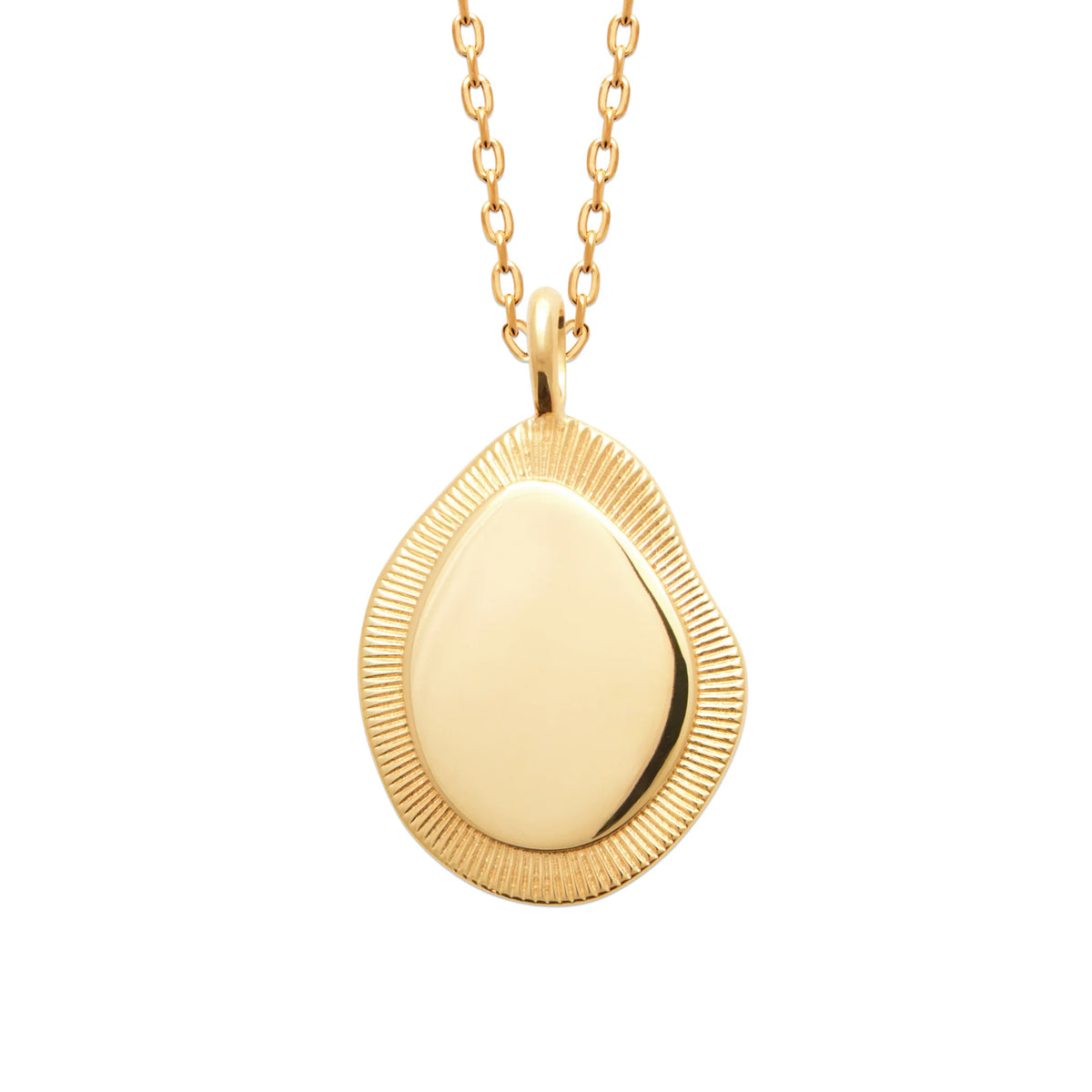 Collier galet doré au centre lisse et rayons striés en plaqué or