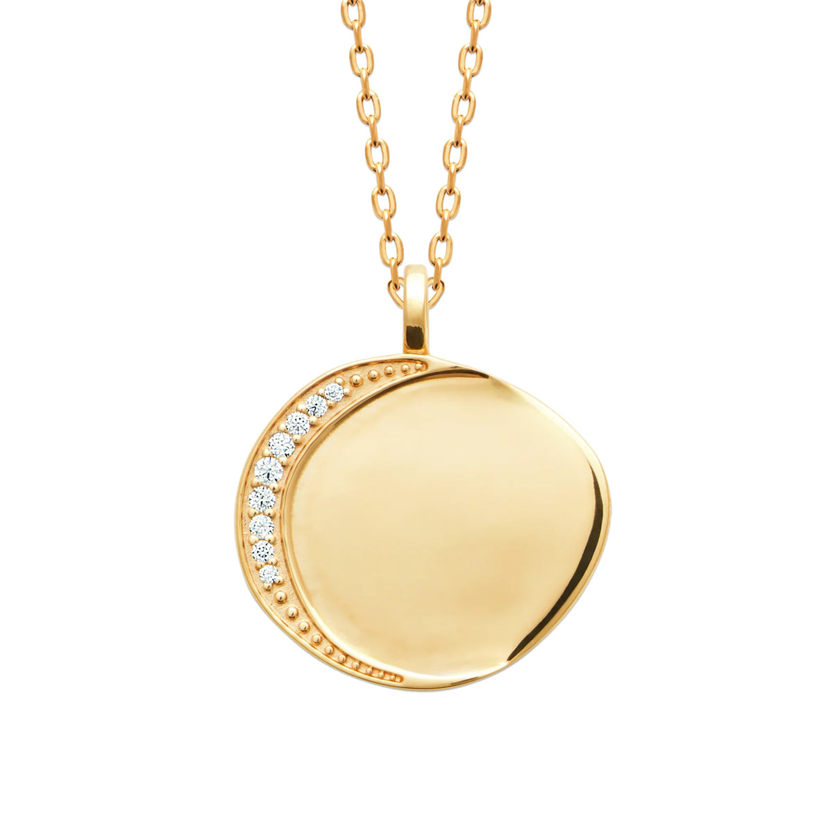 Collier galet poli et croissant pavé de zircons en plaqué or
