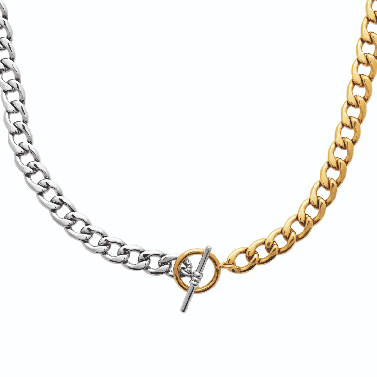 Collier chaîne gourmette bicolore à fermoir en T en acier doré et argenté