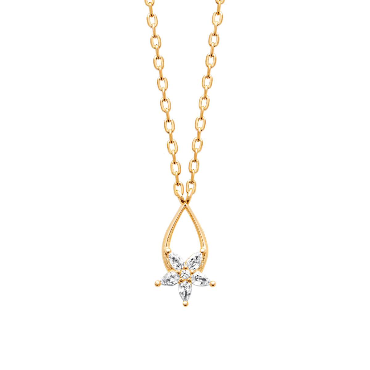 Collier goutte ajourée et fleur de zircons en plaqué or