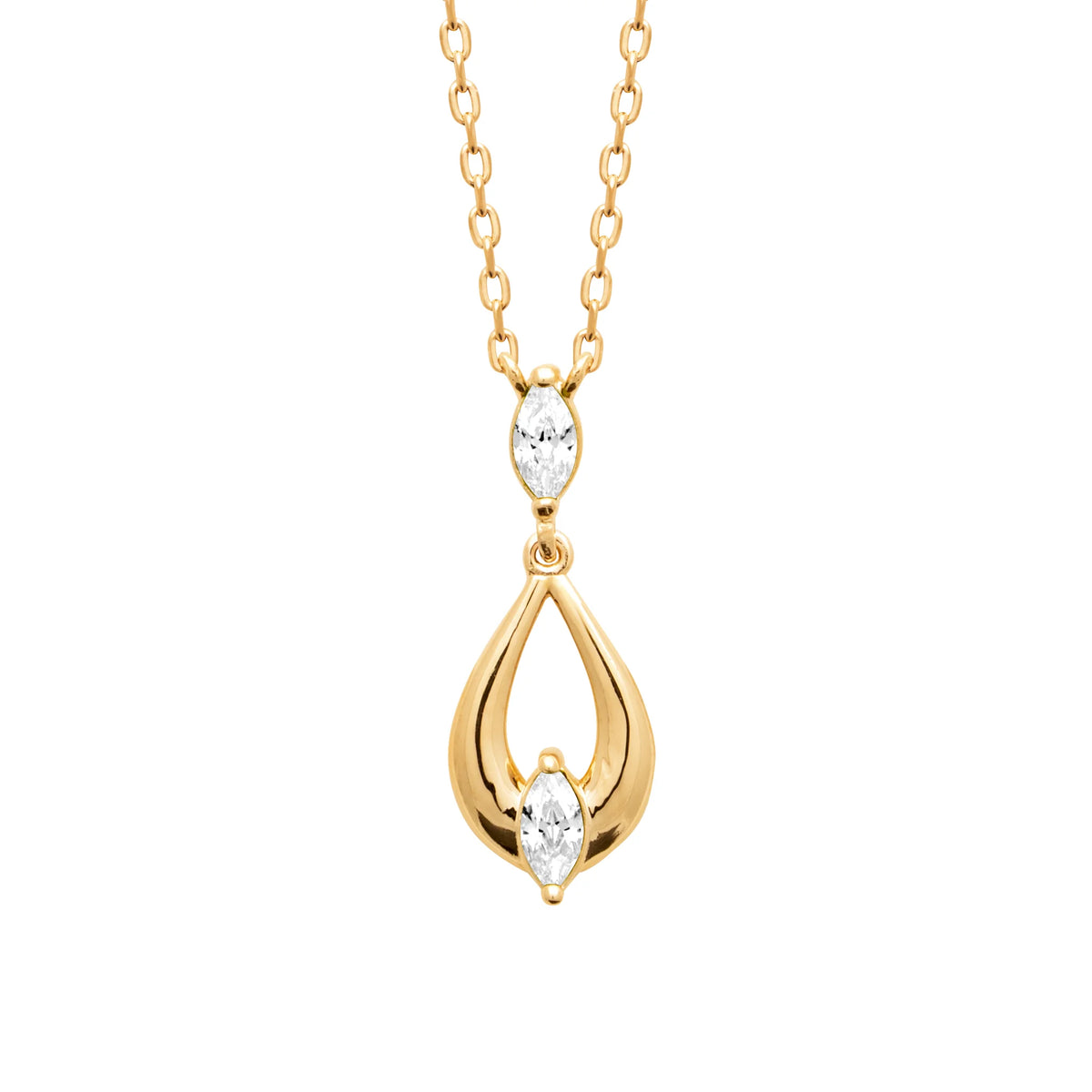 Collier goutte évidée et zircons navette en plaqué or