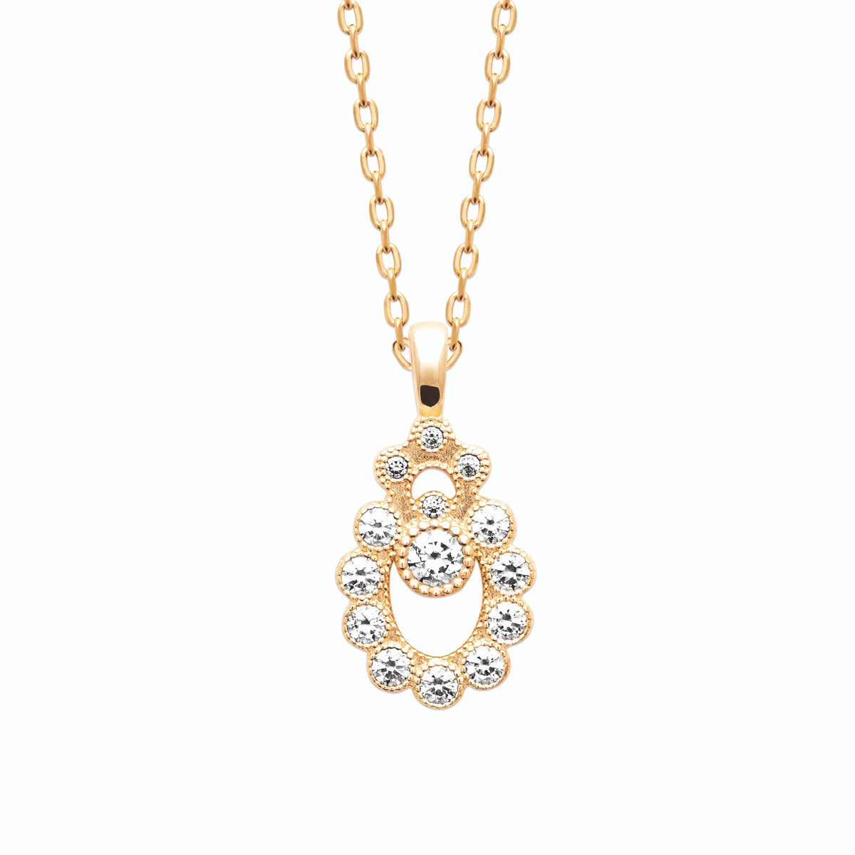 Collier pendentif goutte festonnée et zircons en plaqué or
