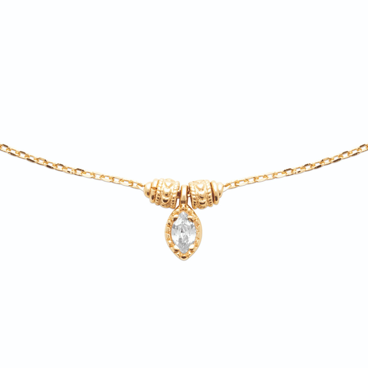 Collier goutte zircon navette et perles ciselées en plaqué or