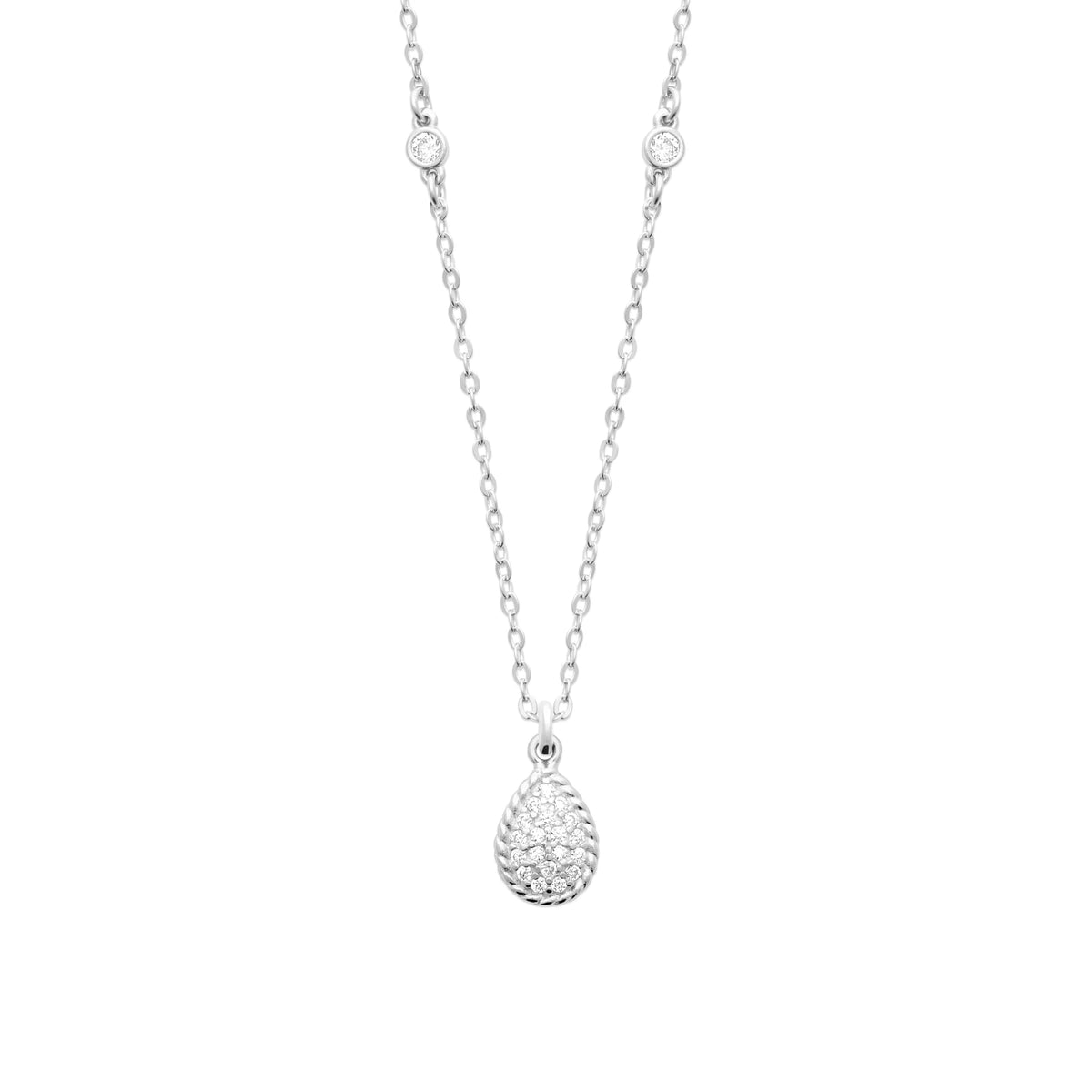 Collier petite goutte pavée de zircons et fil torsadé en argent 925 rhodié