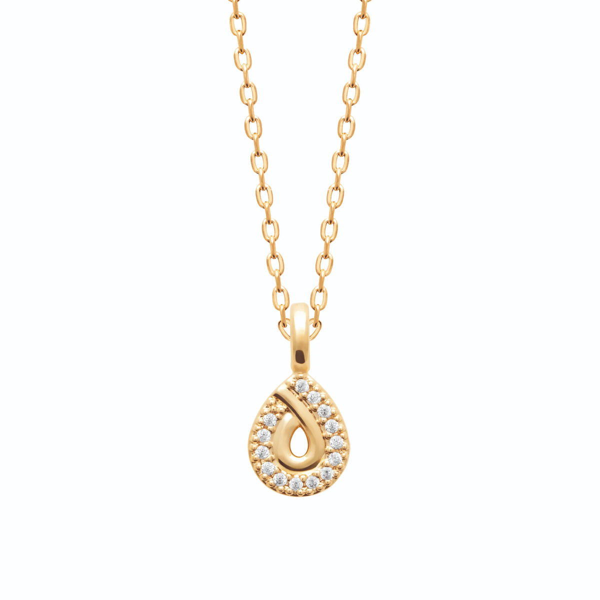 Collier goutte pavée de zircons et nœud lisse en plaqué or