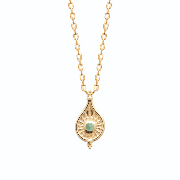 Collier goutte rayonnée et aventurine verte en plaqué or