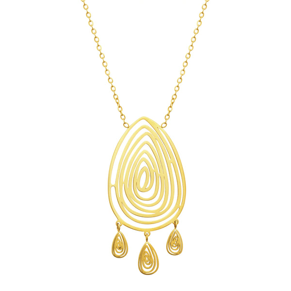 Collier goutte ajourée à spirales et frange de trois gouttes en acier doré