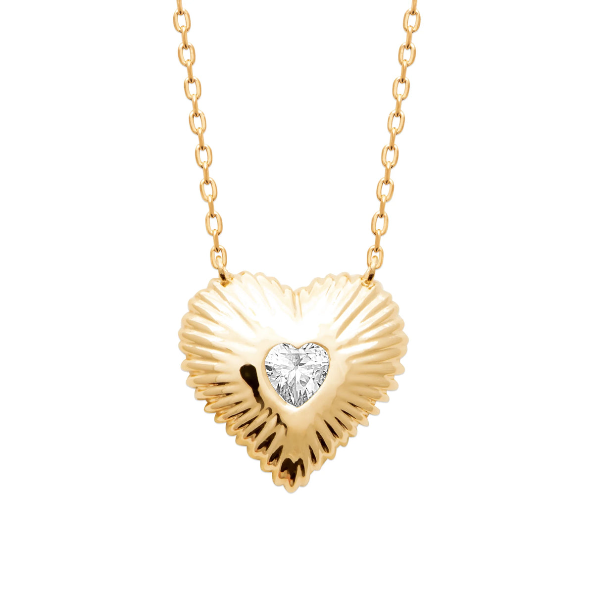 Collier grand cœur godronné et zircon taille cœur en plaqué or