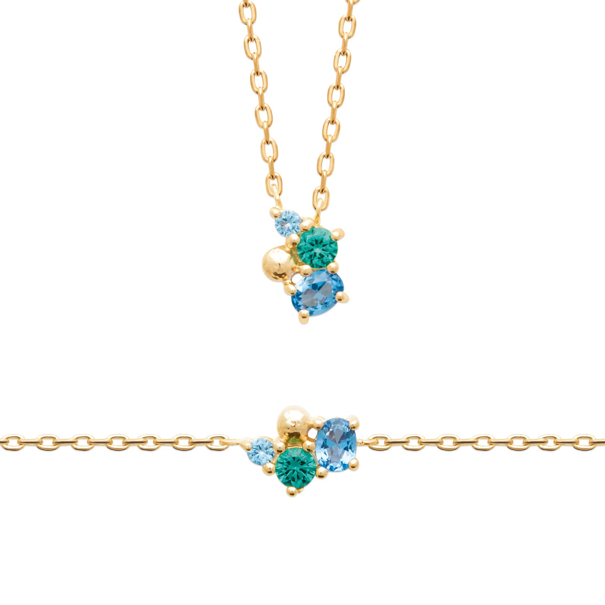 Collier grappe de pierres bleues et vertes en plaqué or