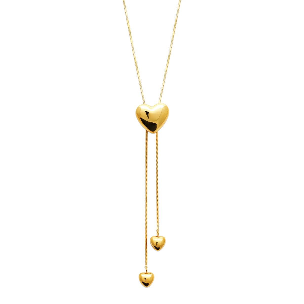 Collier lasso en Y en acier doré, cœur bombé coulissant et chaînettes à petits cœurs