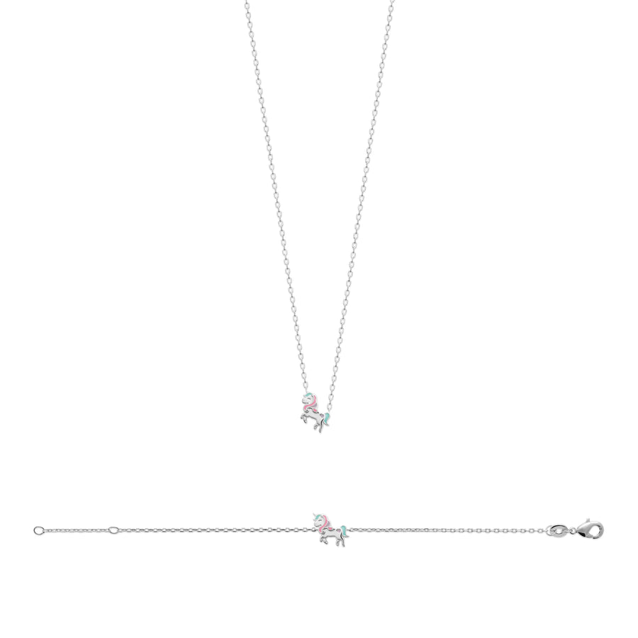 Collier licorne enfant en argent 925 rhodié, 37 cm, porté