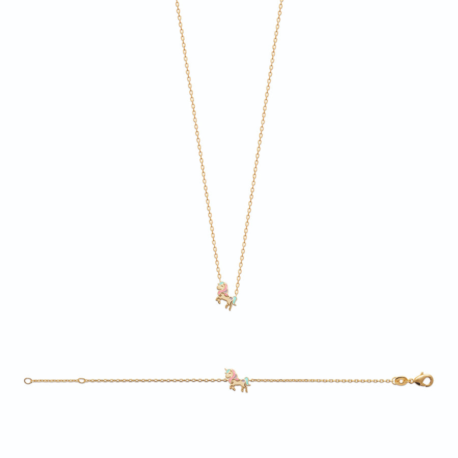 Collier licorne enfant en plaqué or, 37 cm, porté
