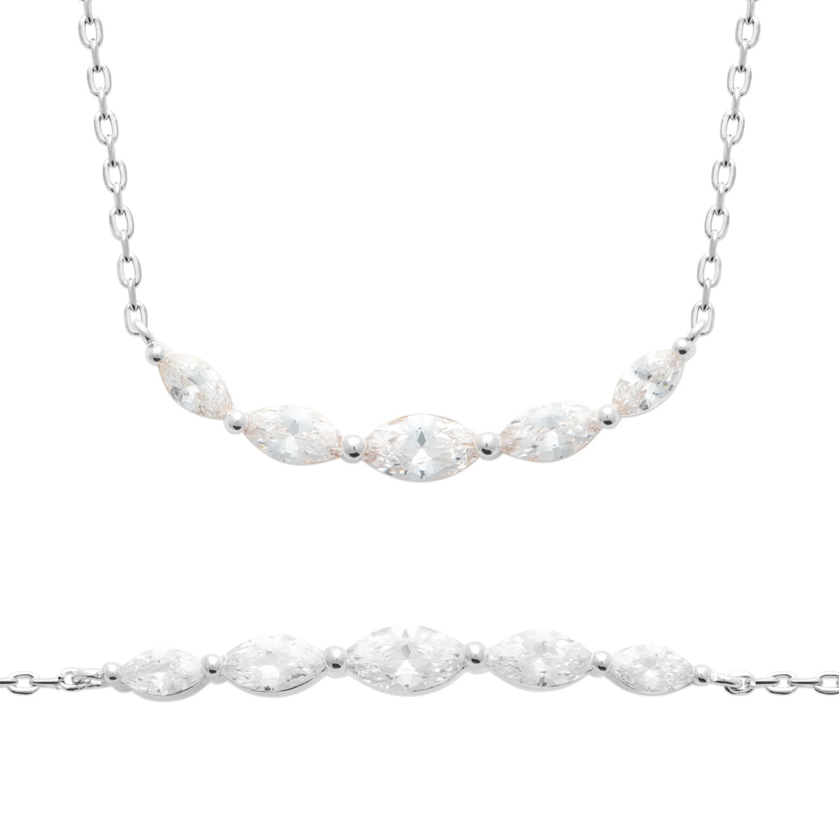 Collier ligne courbe de zircons navette en argent 925