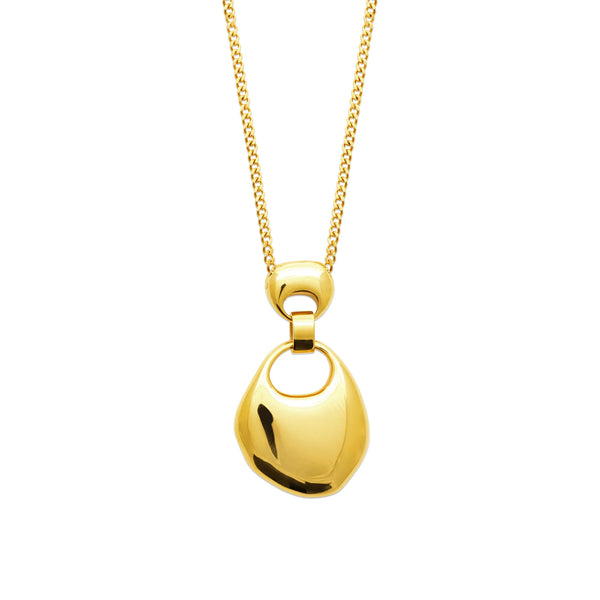 Collier long en acier doré, galet bombé ajouré d’un anneau sur chaîne gourmette