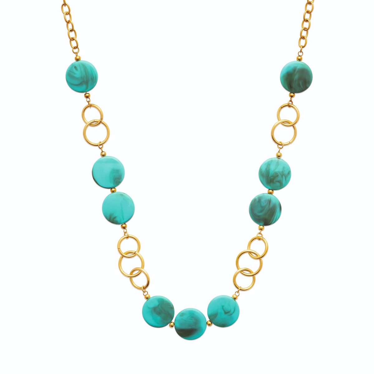 Collier long résine turquoise et anneaux entrelacés en acier doré