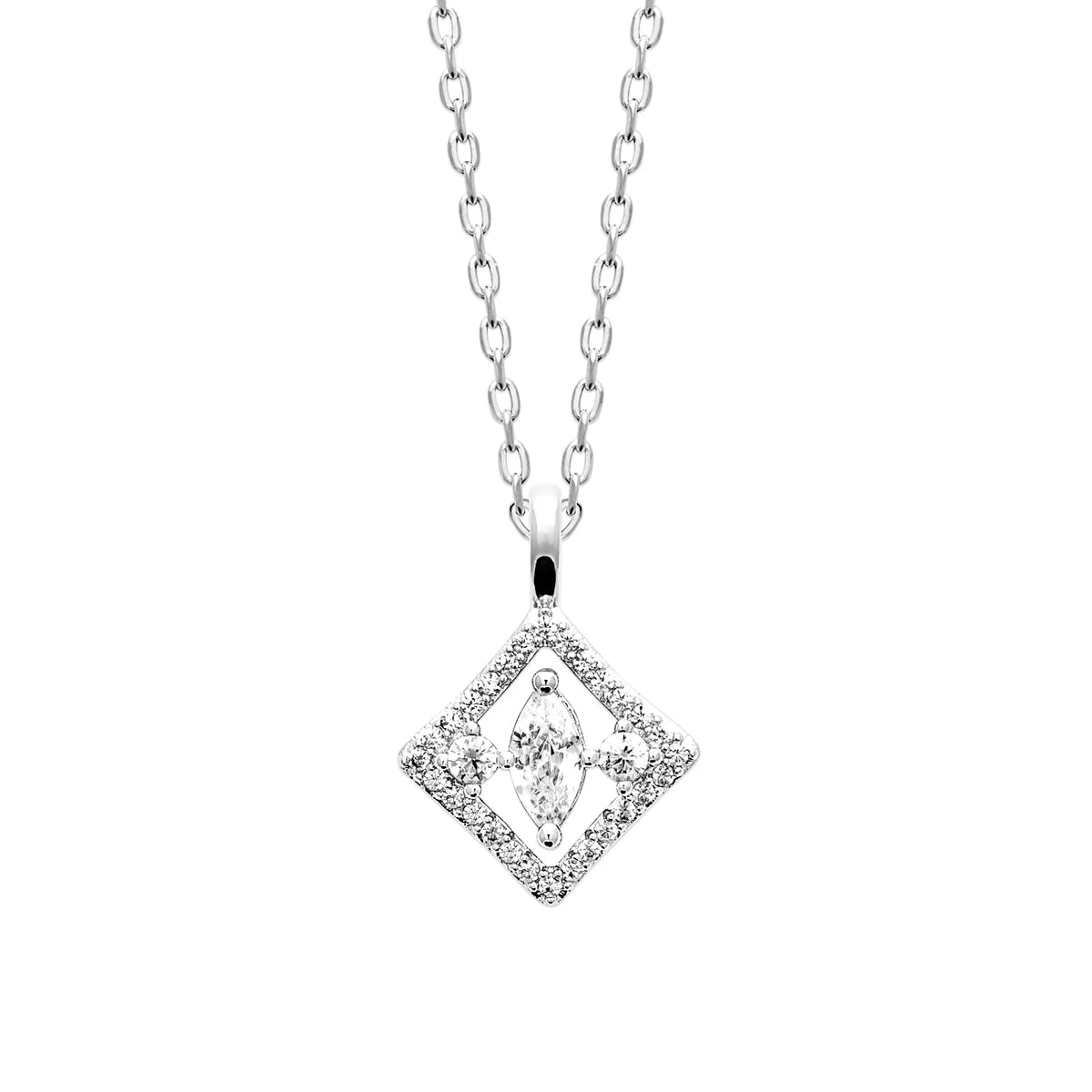 Collier pendentif losange ajouré en argent 925 bordé de zircons, zircon navette et deux zircons ronds