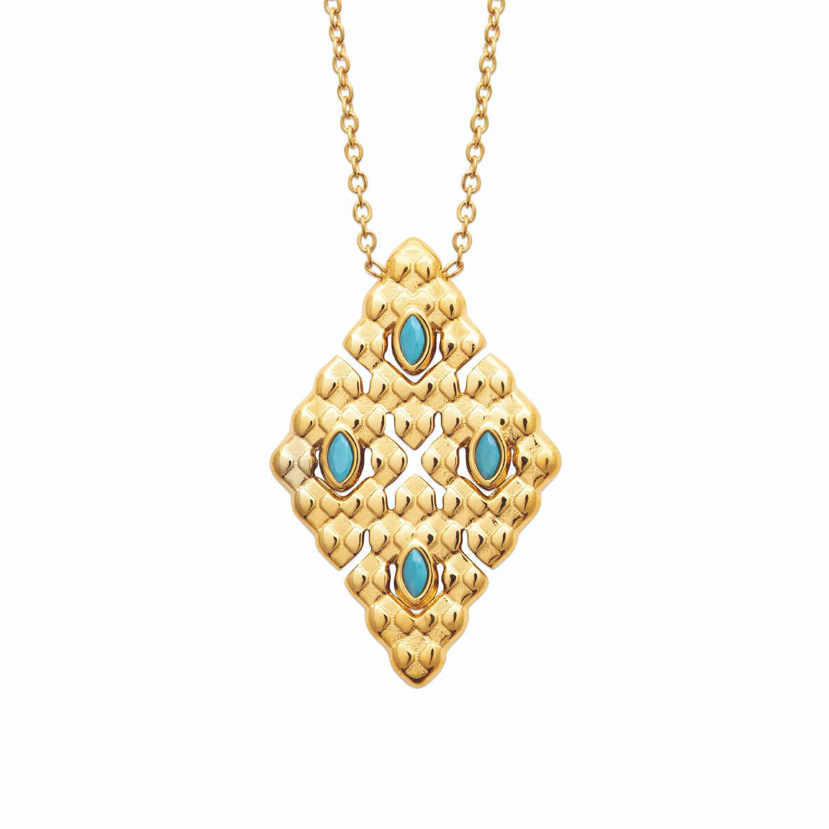 Collier losange à écailles et cabochons bleus en acier doré