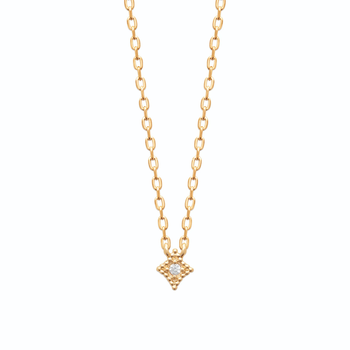 Collier losange granulé perlé et zircon central en plaqué or
