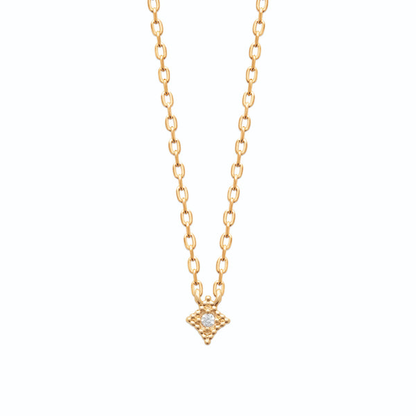 Collier losange granulé perlé et zircon central en plaqué or