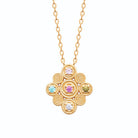 Collier losange de rosaces en spirales et pierres de couleur en plaqué or