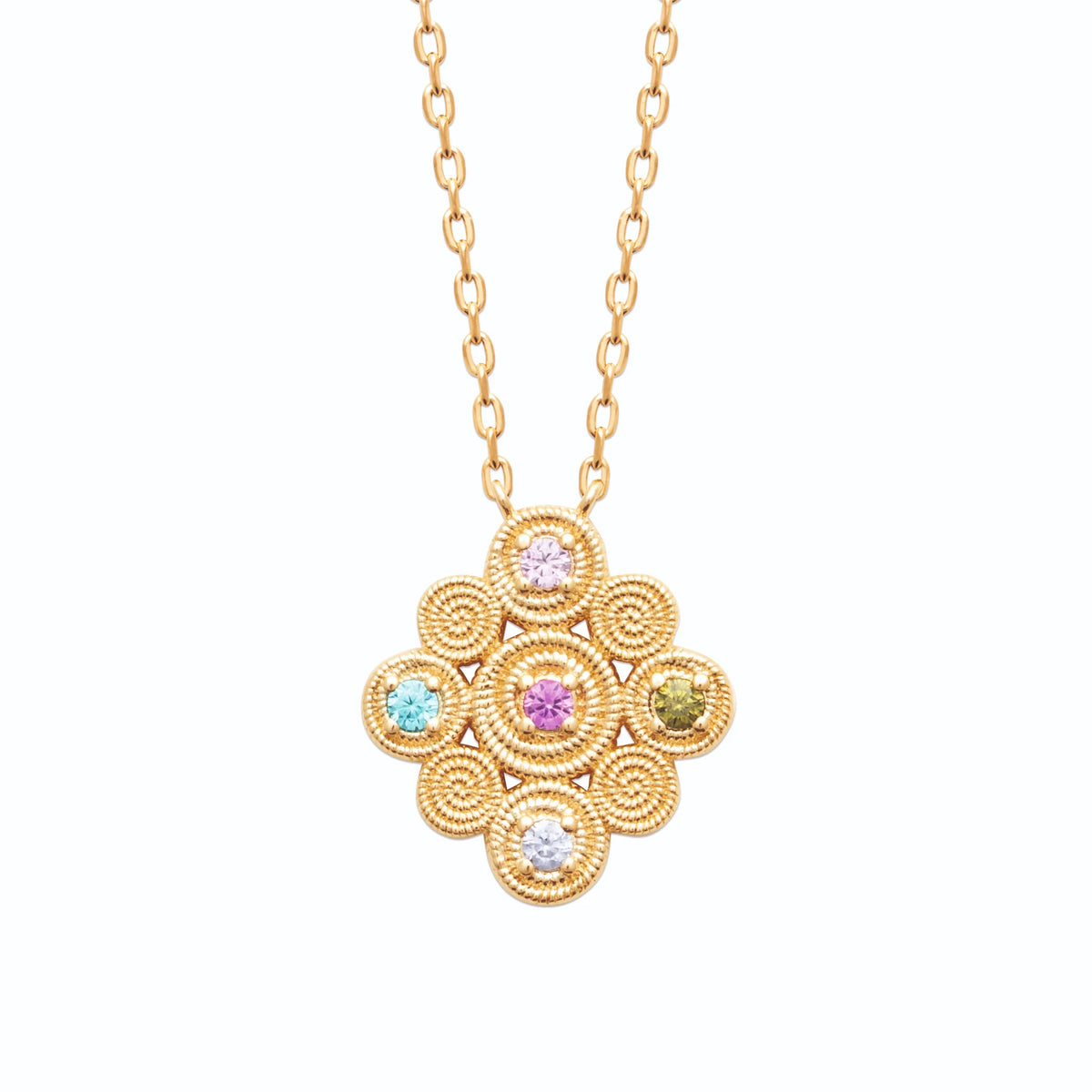 Collier losange de rosaces en spirales et pierres de couleur en plaqué or